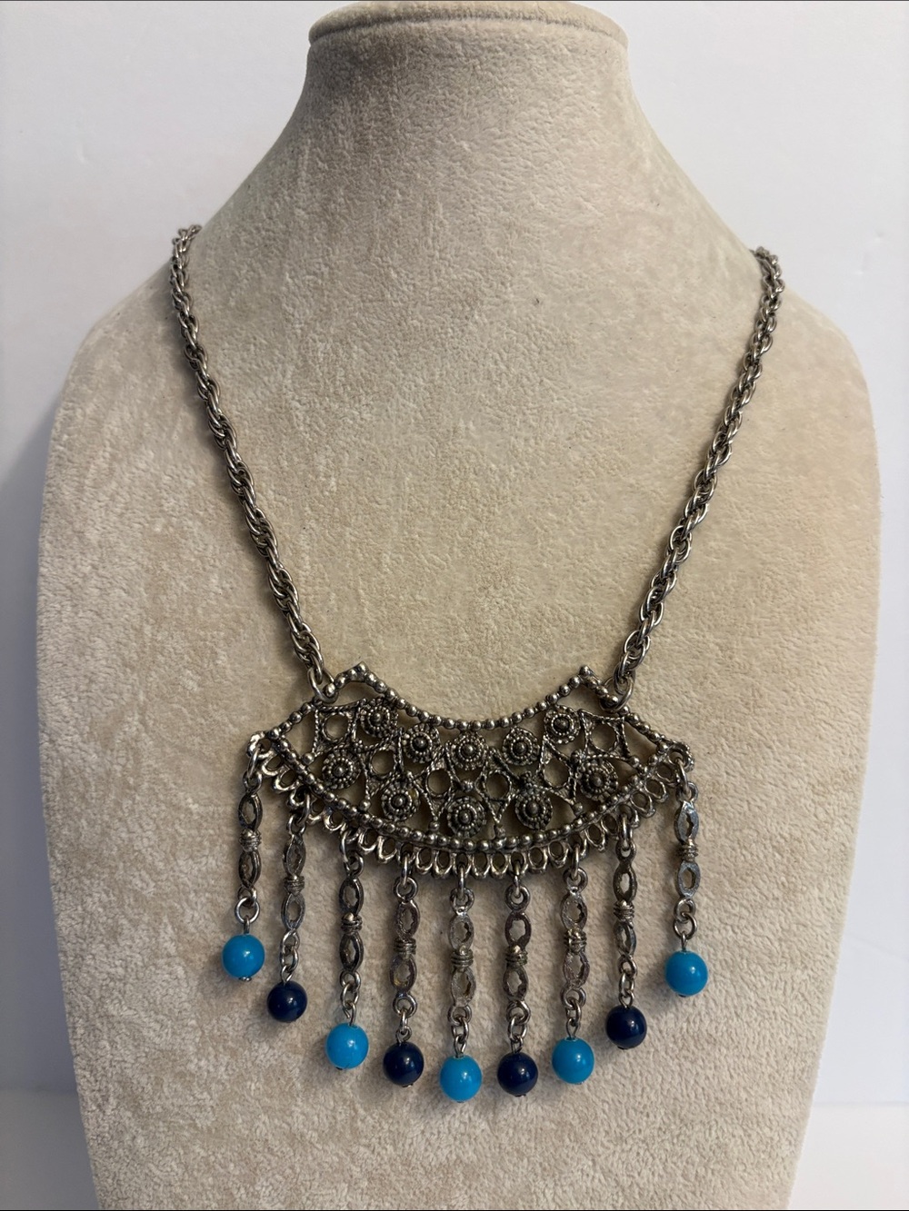 Vintage Style Boho Fringe Necklace Silver Tone Blue Bead Statement Bib